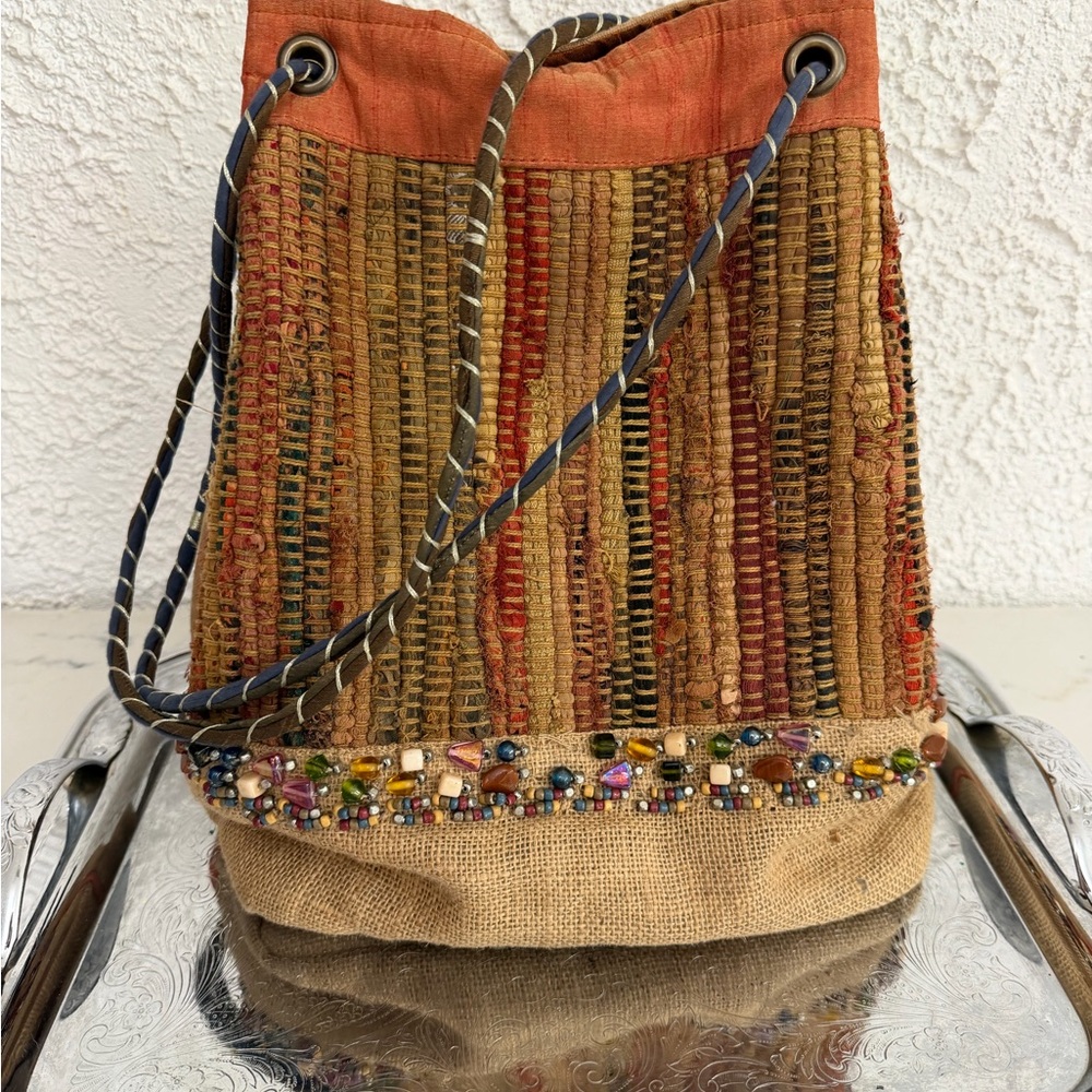 Handwoven Multicolor Beaded Bucket Bag - Rustic Boho Style